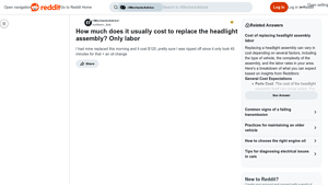 Reddit - Headlight Assembly Replacement Cost